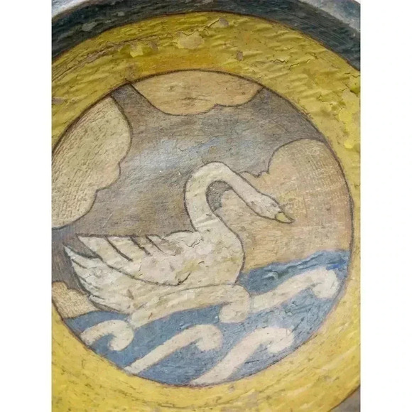 Vintage Munising Hand-Painted Wooden Bowl Swan Design Yellow 1950s - Picture 2 of 5